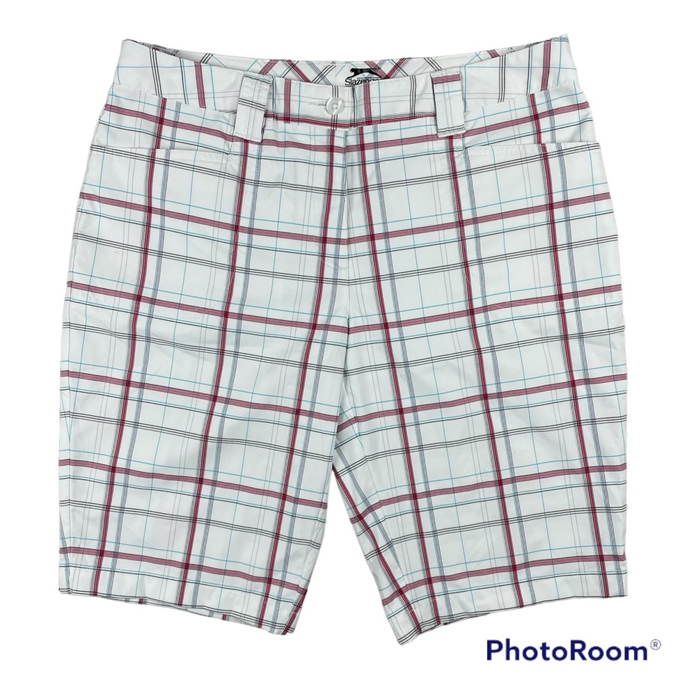 EUC Slazenger Women's Size 8 Plaid Bermuda Golf Shorts White Gray Pink Teal